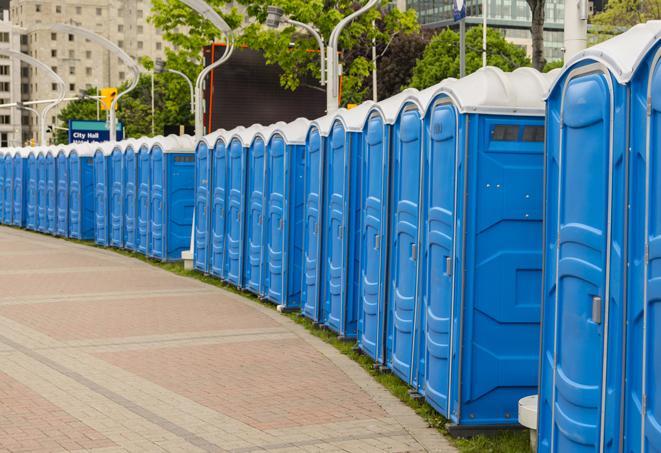 a row of portable restrooms at a trade show, catering to visitors with a professional and comfortable experience in Bluffdale, UT